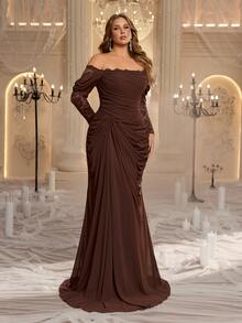 Glamrae Plus Size Elegant Glamorous Coffee Brown Cold Shoulder Lace Patchwork Heavy Embellishment Draped Evening Gown - Coffee Brown - View 7