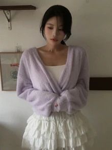 DAZY Solid Color Brushed Loose Fit Cropped Asymmetric V-Neck Long Sleeve Elegant Vacation Girl Korean Style Spring Autumn Knit Sweater For Women - Mauve Purple - View 3