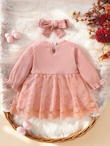 SHEIN 2件組新生女嬰公主風甜美粉色3D花朵蝴蝶結蕾絲網紗長袖派對禮服，秋冬生日洗禮棉質蓬蓬裙洋裝 - 藕粉色 - 查看 4