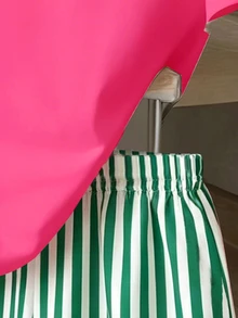 女童時尚創意紅粉條紋櫻桃與檸檬印花基本款短袖T恤 + 白色與綠色直條紋短褲套裝 - 彩色 - 查看 5