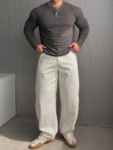 DAZY Spring/Autumn White Washed Distressed Straight Leg Loose Fit Korean Style Men's Plus Size Jeans - White - View 5