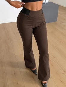 SHEIN PETITE 女款彈性腰休閒喇叭牛仔褲 - 棕色 - 查看 6