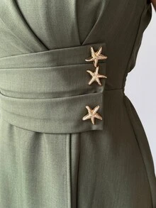 SHEIN Women's Olive Green Blazer Lapel Contrast Collar Ruched Waist With Star Metal Button Decor Cinched Waist Large A-Line Back Seam Long Sleeve Long Dress - Army Green - View 3