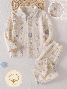 1件隨機款男童幼兒翻領長袖上衣與長褲套裝，馬卡龍色系卡通圖案印花，柔軟克ريب面料，休閒舒適秋冬睡衣 - 彩色 - 查看 6