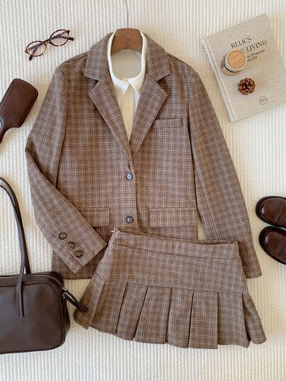 Comfortcana Women's Plaid Lapel Neck Long Sleeve Jacket And Pleated Skirt Casual Suit Set