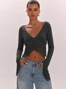SHEIN BAE 女款純色V領長袖短版上衣，附流蘇下擺 - 深灰色 - 查看 7