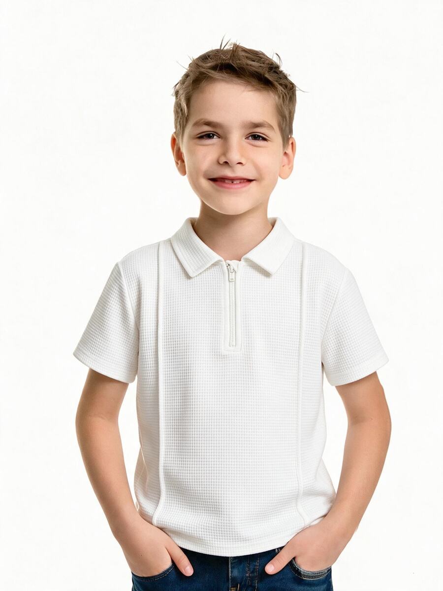 SHEIN Tween Boy 1/4 Zip Polo Shirt Solid Color Striped Casual Thin Daily Wear Summer - Multicolor - View 1