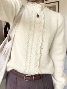 INAWLY French Lace Trim Semi-High Neck Hollow Knit Cardigan - Beige - View 6