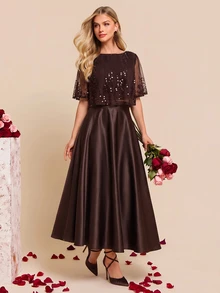 Amorya Women's Mesh Patchwork Top And Solid Color Skirt Fashion 2 Pieces Set - Brown - View 3