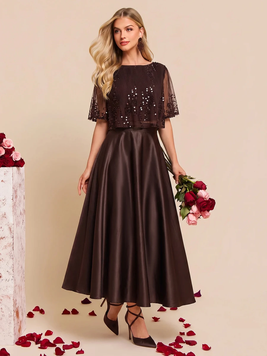 Amorya Women's Mesh Patchwork Top And Solid Color Skirt Fashion 2 Pieces Set - Brown - View 1
