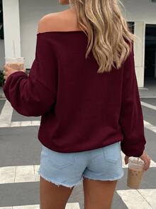 SHEIN EZwear 酒紅色女款露肩寬鬆休閒長袖衛衣 34%棉 - 酒紅色 - 查看 8