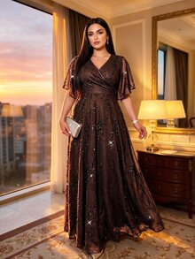 Auveirra Plus Size Elegant Sequin Party Dress - Brown - View 1