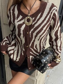 DAZY Women's Autumn Round Neck Long Sleeve Loose Zebra Stripe Brown & Beige Contrast Color Casual Knit Cardigan Sweater Winter - Brown - View 1