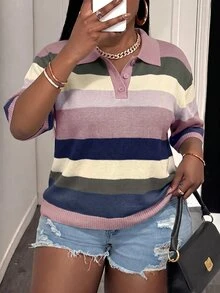 Slaydiva Plus Size Women's Colorblock Casual Daily Wear Knit Top - Multicolor - View 7