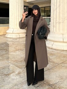 Solavon Women's Solid Color Lapel Neck Long Sleeve Casual Overcoat, Autumn/Winter - Brown - View 1