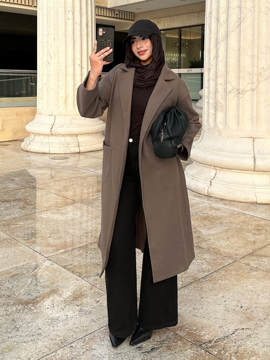 Solavon Women's Solid Color Lapel Neck Long Sleeve Casual Overcoat, Autumn/Winter - Brown - View 1