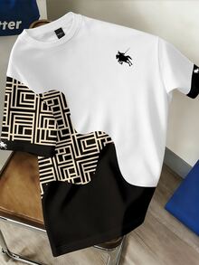 Manfinity Hypemode Men's Plus Size Knight Print Casual Daily Wear T-Shirt - Black and White - View 1