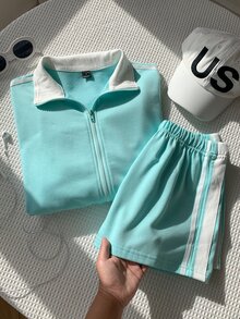 Comfortcana Fall Back To School Preppy Campus Zip Up Stand Collar Side Stripe Mint Green White 3 Pieces Athleisur - Mint Green - View 6