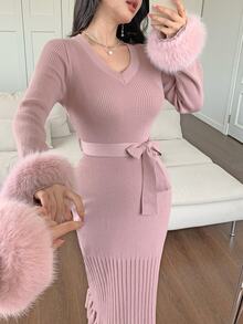 Feyla New French Design V-Neck Cinched Waist Furry Ruffle Cuff Sexy Elegant Lady Style Knit Dress - Dusty Pink - View 2