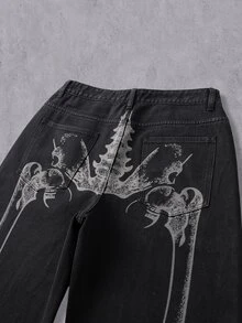 Manfinity Denimwave 男士骷髏印花寬鬆牛仔褲哥德街頭風寬腿牛仔長褲深色水洗嘻哈Y2K長褲 - 黑色 - 查看 8
