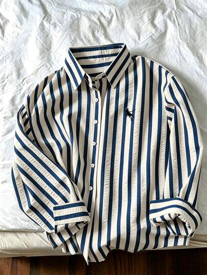Franclia Nova Camisa Feminina Elegante de Moda Plus Size, Solta, Fina, com Proteção Solar, Manga Longa, Listrada e Bordado de Cavalo