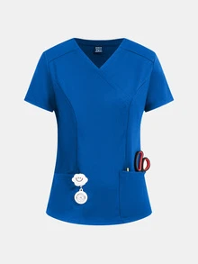 TaskEZ Women's Matte Wrap Top With 2 Pockets And Princess Seams On Back - Royal Blue - View 11