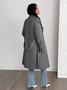 SHEIN PETITE 女款素色長袖保暖內裡休閒風衣 - 灰色 - 查看 2