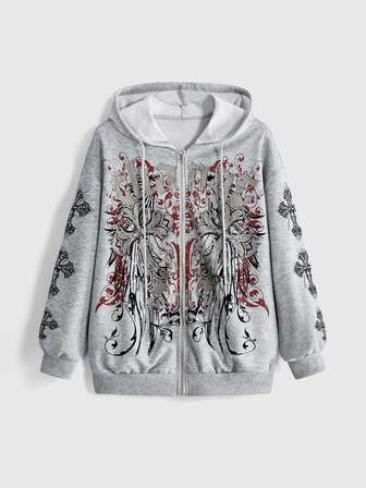 Grunge Punk Sweat-shirt ample à ouverture frontale style punk vintage Y2K avec motif de vigne et croix pour femmes