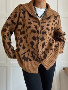 DAZY Autumn/Winter Leopard Print Lapel Single-Breasted Loose Silhouette Cardigan Long Sleeve Slouchy Personalized Street Commute Fashion Women's Open Front Sweater - Brown - View 7