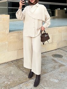 Solavon Women's Solid Color Long Sleeve Single-Breasted Deconstructed Design Shirt And Pants Casual 2 Pieces Set - Apricot - View 3