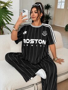 SHEIN EZwear 大尺碼女款字母騎士圖案短袖上衣與長褲休閒日常套裝 - 黑色 - 查看 5