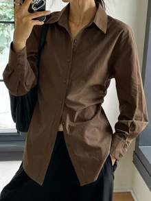 DAZY 秋季新款商務休閒風收腰翻領女式襯衫 - 鏽棕色 - 查看 4