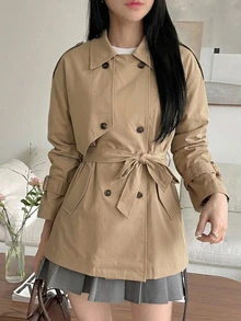 DAZY 女款素色雙排扣長袖休閒風衣外套，秋冬款 - 卡其色 - 查看 3