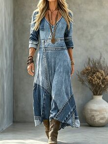 SHEIN LUNE Autumn/Winter Plus Size Women's Fashion 3/4 Sleeve V-Neck Dress - Blue - View 4