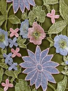 BELROSIE 法式奢華重磅對比色鉤編粉橘白夏季花卉鏤空蕾絲裙，3D刺繡微A字迷你裙，適合休閒度假、海灘、派對、婚禮、通勤，浪漫優雅奢華百搭裙 - 綠色 - 查看 7