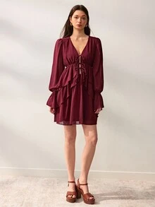 Willow Rêve Women's Burgundy High Waist Ruffle Hem Chiffon Dress, Multi-Tie Deep V Neckline, Solid Color Romantic Sweet & Spicy Bohemian Style, Suitable For Vacation, Date, Party Wear - Brown - View 3