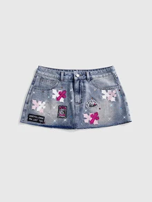 ROMWE Street Life Street Style Colorful Contrast Cross Patch Embroidery Low Waist Mini Bodycon Denim Skirt - Blue - View 1