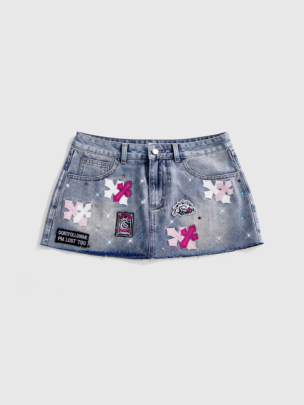 ROMWE Street Life Street Style Colorful Contrast Cross Patch Embroidery Low Waist Mini Bodycon Denim Skirt