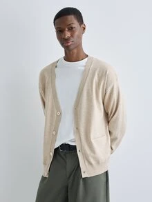 Merionis Men's Solid Color Drop Shoulder Long Sleeve Single-Breasted Casual Knit Cardigan - Apricot - View 5