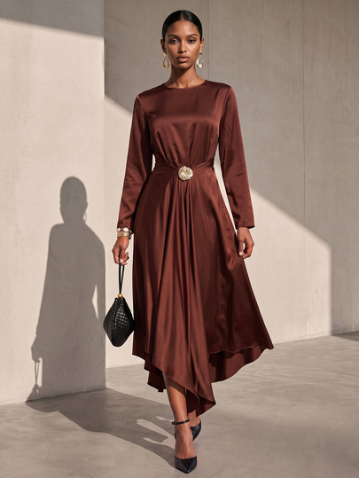Vesra Satin Metal Buckle Wrapped Elegant Women's Long Dress