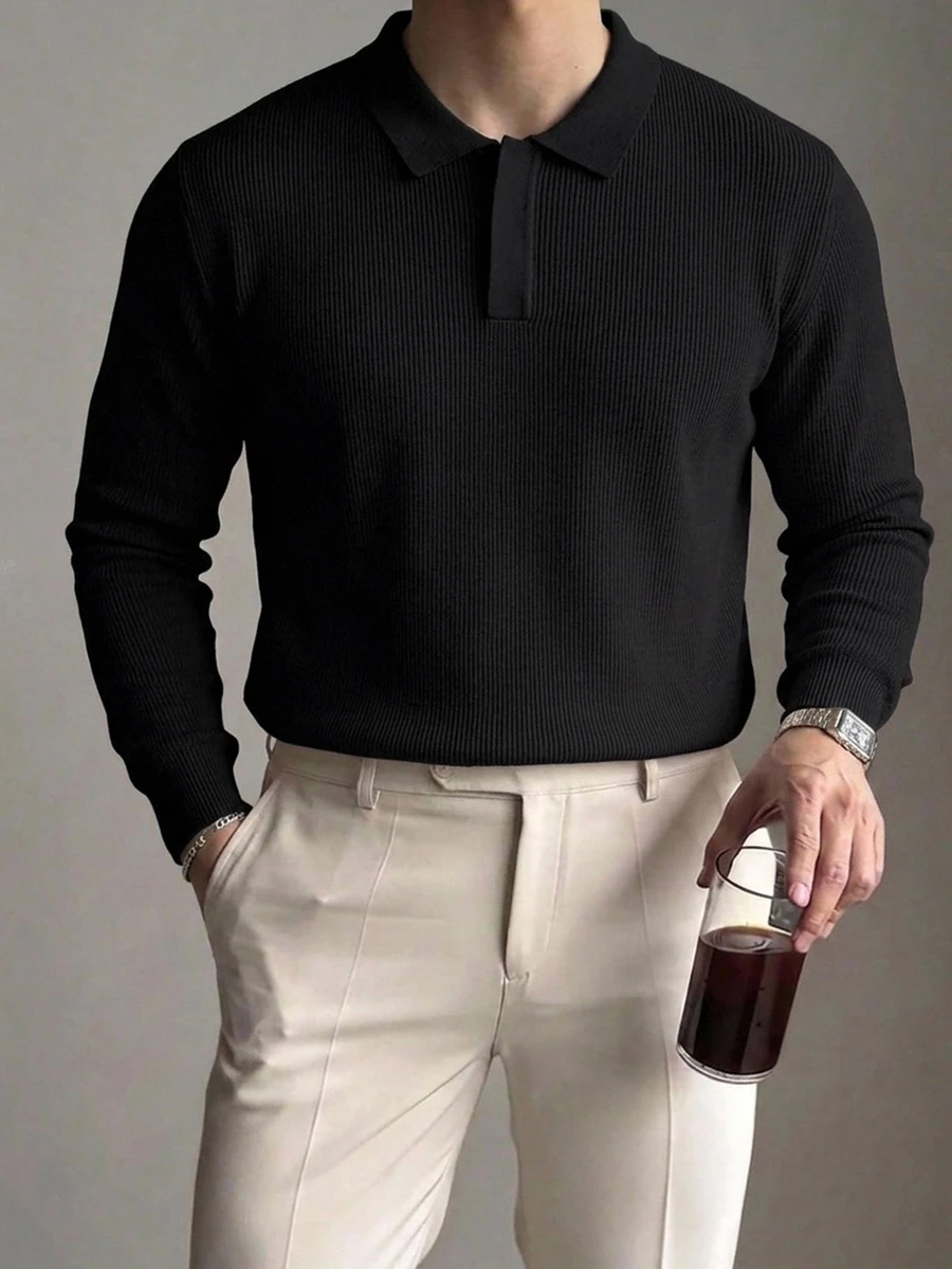 DAZY Spring/Autumn Black Long Sleeve Polo Collar Half-Placket Solid Color Commuter Korean Style Men's Knit Top - Black - View 1