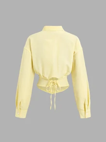 Sweetra Women's Yellow Casual Sweet Striped Collared Waist-Cinching Slim Fit Commute Long Sleeve Button-Down Blouse - Yellow - View 2