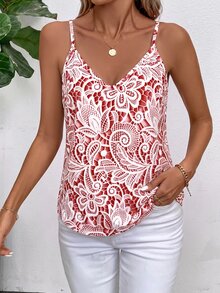 SHEIN Clasi 女款蕾絲印花休閒細肩帶背心 - 粉色 - 查看 5