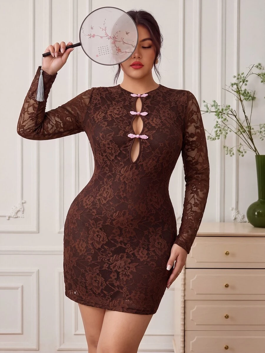 EastFlair Gaun Elegan Pas Badan Berbahan Renda untuk Wanita Ukuran Besar dengan Desain Kancing Katak - Coffee Brown - View 1