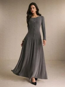 Poéselle 女款純色圓領長袖鈕扣設計休閒洋裝 - 灰色 - 查看 1