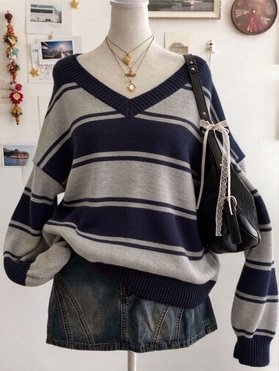 Lalippa Plus Size Colorblock Striped V-Neck Drop Shoulder Loose Sweater