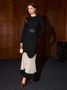 MOTF PREMIUM AUTUMN/WINTER GENTLE INTELLECTUAL COMMUTE BANQUET HIGH-END RIBBED KNIT WAVE PATCHWORK MERMAID HEM WAIST-CINCHING SLIMMING LONG SLEEVE MID-LENGTH DRESS - Black - View 1