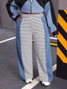 Slaydiva Plus Size Women's Striped Patchwork Casual Everyday Denim Jeans - Blue and White - View 1