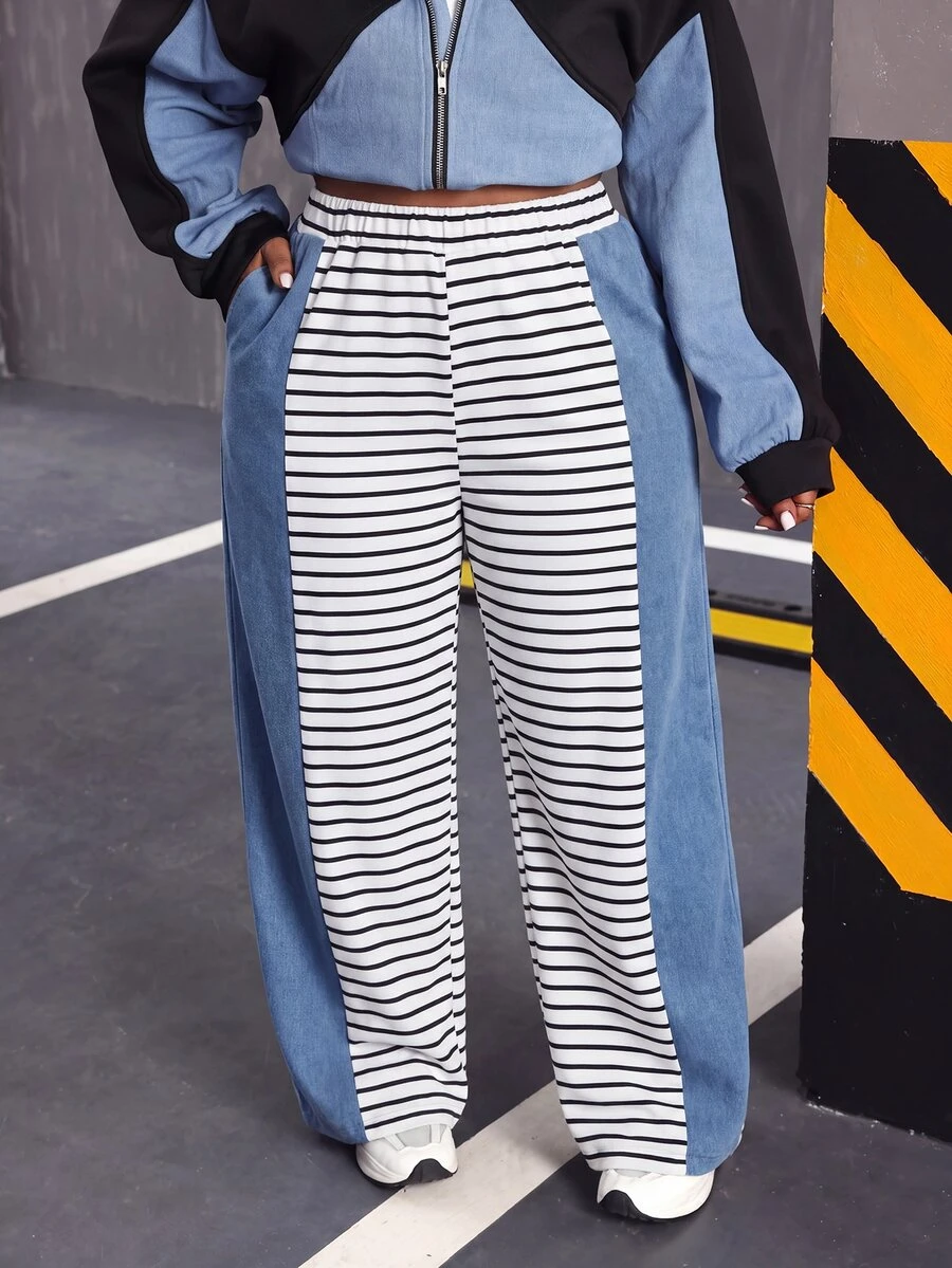 Slaydiva Plus Size Women's Striped Patchwork Casual Everyday Denim Jeans - Blue and White - View 1