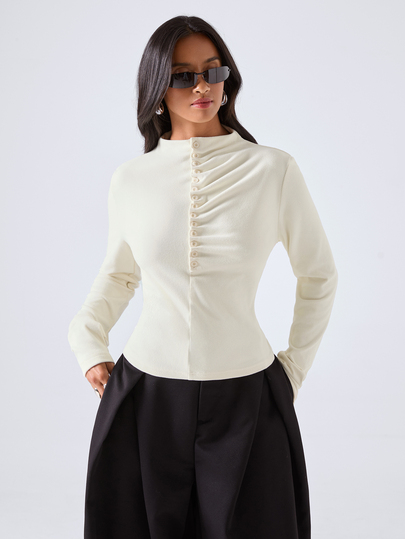 LYSMO Damen einfarbiges plissiertes lässiges elegantes vielseitiges T-Shirt für den Alltag und das Büro, Off-White, Herbstkleidung für Frauen